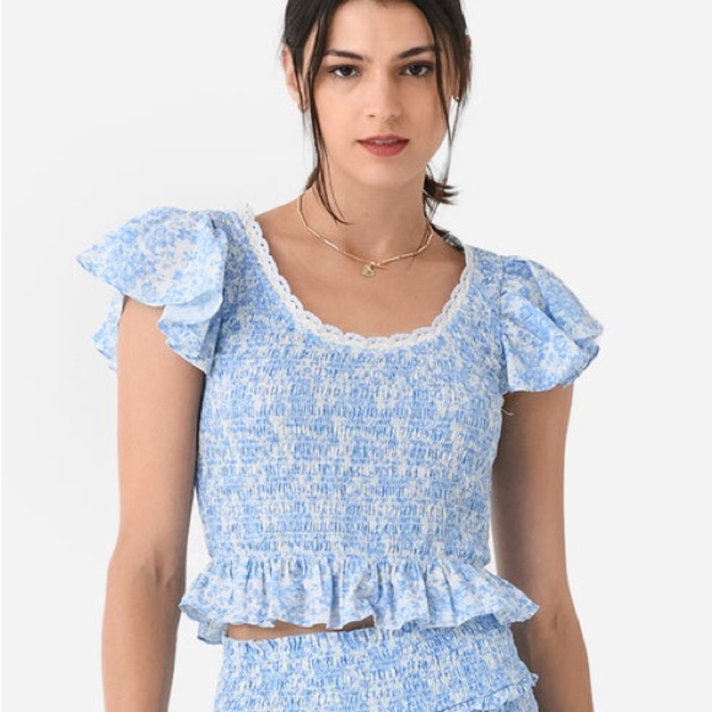 LoveShackFancy Milta Blue Floral Ruffle Top